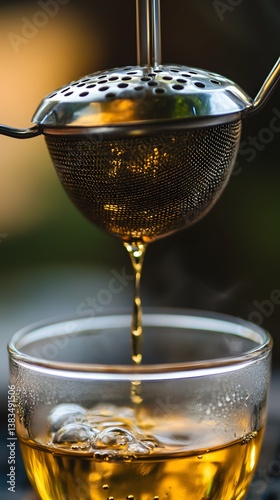 Tea straining into glass cup outdoors