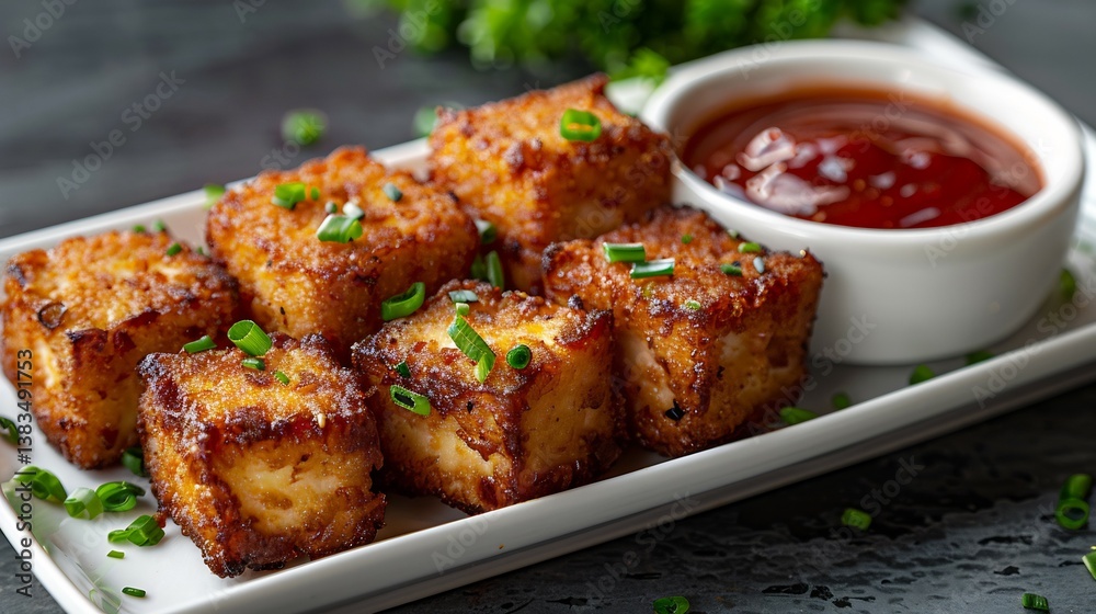 Air fried tofu nuggets dipping sauce arranged neatly on a white platter golden crust visible Air fried tofu nuggets dipping sauce arranged neatly on a white platter golden crust visible