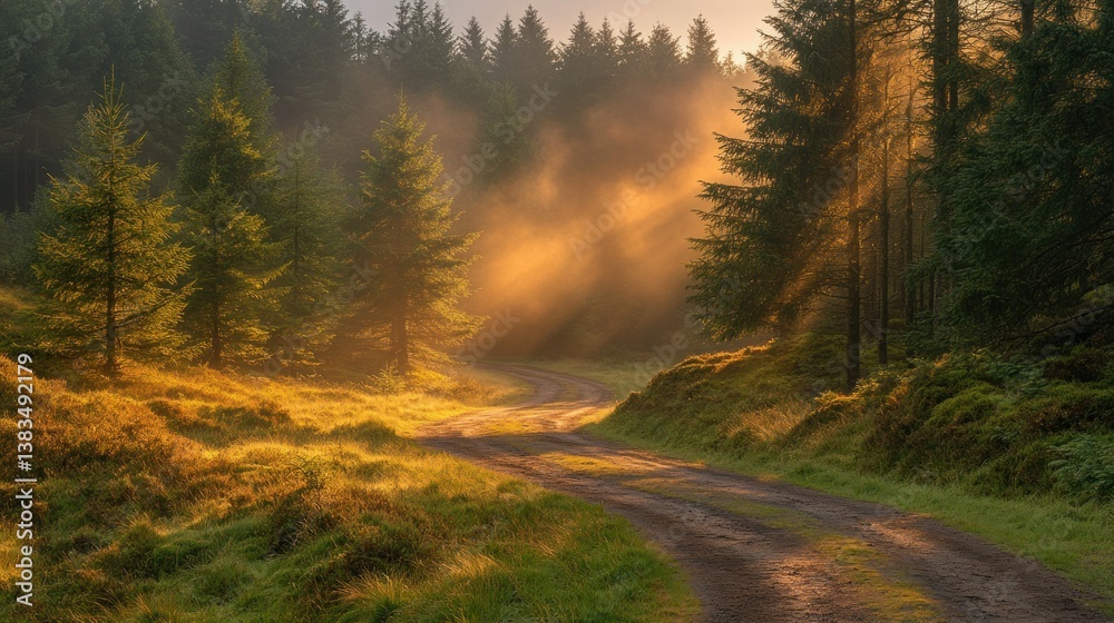 Obraz premium Sunrise path through misty forest