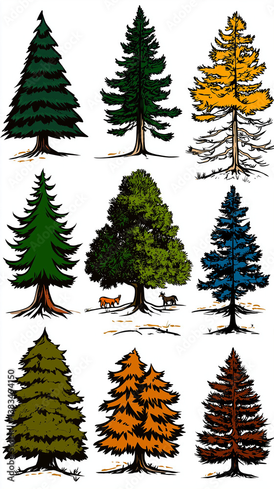 Obraz premium Diverse Evergreen Trees: A collection of various illustrated evergreen trees showcasing the diversity of forms, colors, and textures found in the natural world.