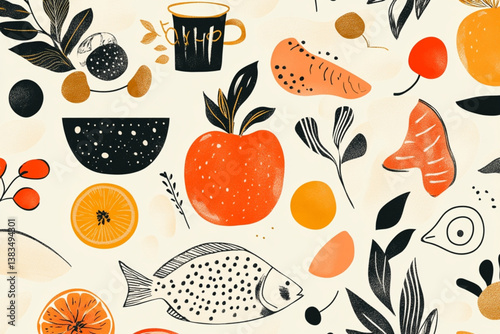 Abstract food illustration with fruit and a fish