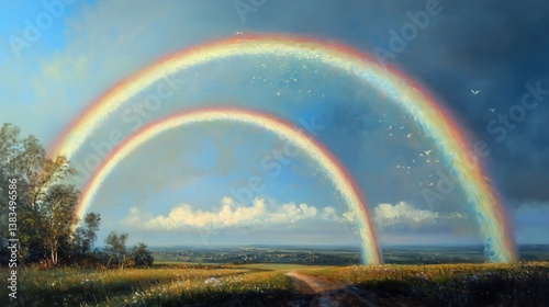 Oil painting of double rainbow appear after great flood symbol of God's presence and power signs of the covenant