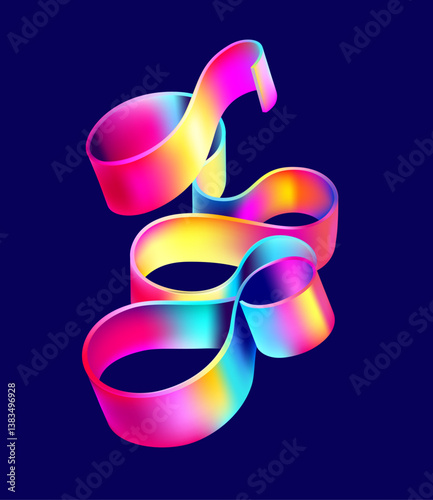 3D colorful twisted ribbon on dark background. Abstract geometric element for posters, banner, covers.