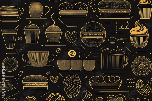 Golden line art of food and drink on black ground