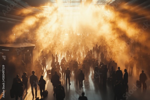 Silhouetted crowd in busy train station at sunset with atmospheric lighting