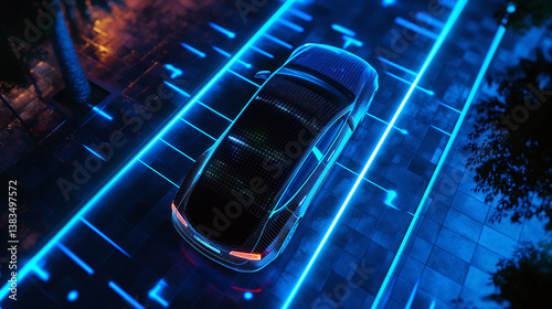 Autonomous electric cars move smoothly on road with graphic design, suggesting future smart city and communication systems on road. Abstract innovation drives sustainability connectivity. Illustration