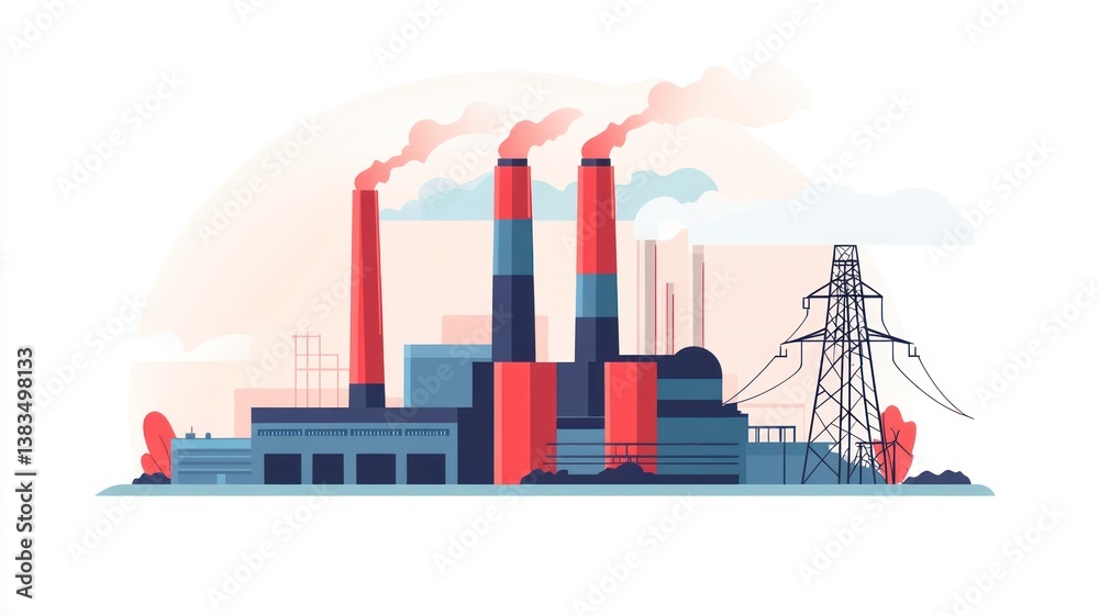 Obraz premium Industrial complex landscape, factory buildings, power lines, background of pollution, use as stock photo for industrial design