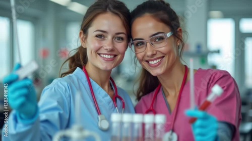 Two smiling clinical scientists performing blood tests in an equipped laboratory. Female healthcare professionals holding medical samples in a modern laboratory.
