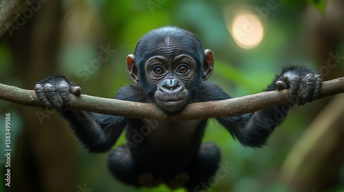 Baby bonobo hangs from branch in rainforest