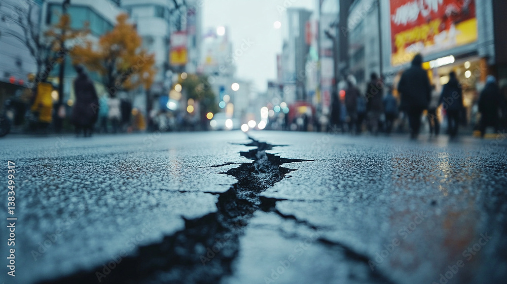 Obraz premium Cracks on the urban street following a seismic event in Tokyo during a rainy day with pedestrians in the background
