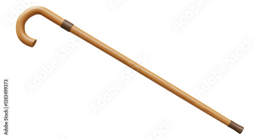 Isolated Classic Wooden Walking Stick for Support or Assistance