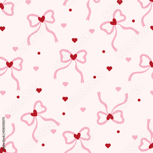 Seamless pattern with pink bows and hearts. Gift ribbons in hand drawn and flat styles. Fashionable vector illustration. 