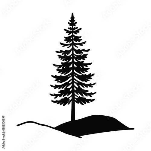 A black silhouette of a solitary pine tree standing tall on a small hill, a white background