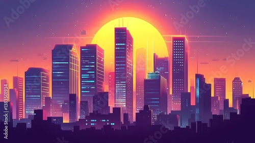 Wallpaper Mural Vibrant Urban Skyline at Sunset with Illuminated High Rise Skyscrapers and Glowing Cityscape Lights in a Modern Metropolis Torontodigital.ca