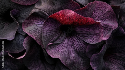 Velvet-like deep purple petunia petals, their soft surfaces and smooth curves highlighted in close-up detail.