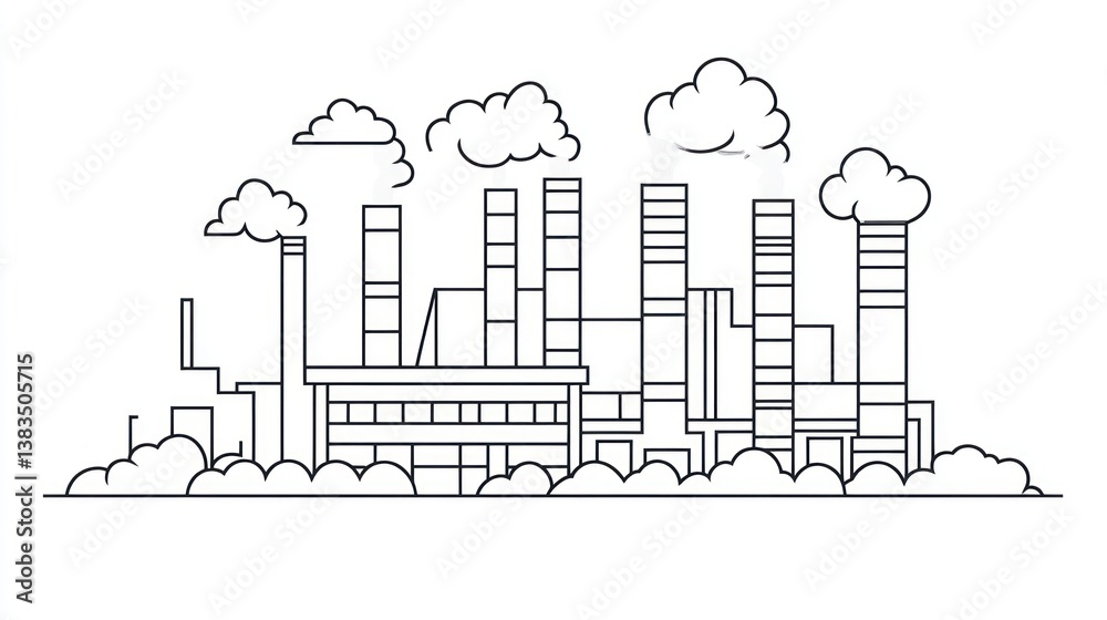 Obraz premium Industrial complex line drawing, factory buildings, cloudy sky