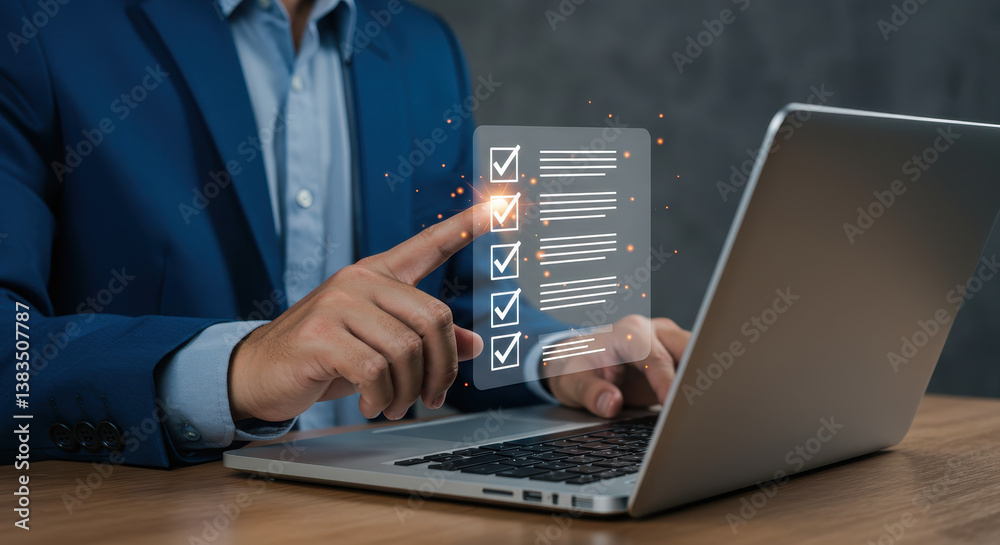 Digital Checklist: Man Completing Tasks on Laptop. Boost Productivity, Efficiency & Achieve Goals Online! Digital Checklist: Man Completing Tasks on Laptop. Boost Productivity, Efficiency & Achieve Goals Online!