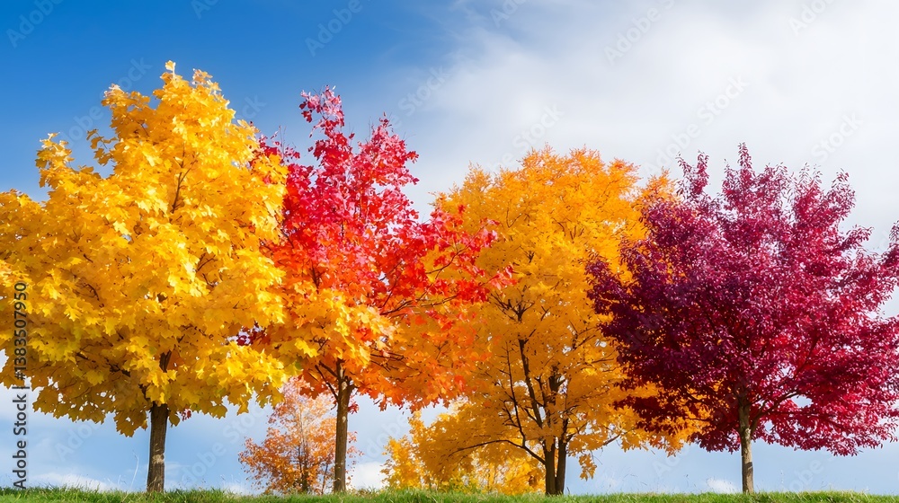 Naklejka premium Vibrant Autumn Trees Displaying Colorful Leaves Under Blue Sky With Fluffy White Clouds