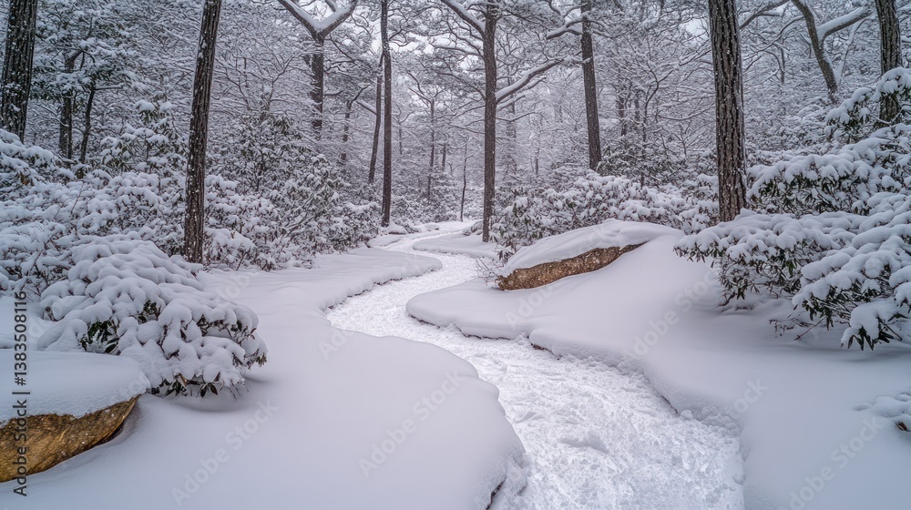 Obraz premium Snowy winter path winding through a forest