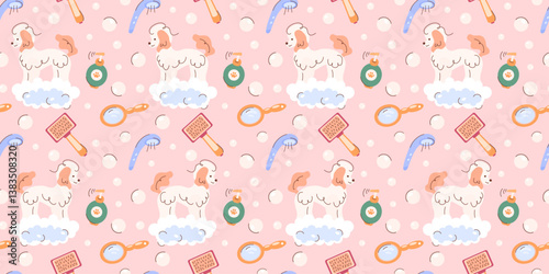Cute seamless drawing with poodle dogs, foam, soap bubbles, pet beauty salon concept, cosmetic accessories for dogs. Background for a pet care salon. Packaging, textiles, clothing. Vector illustration