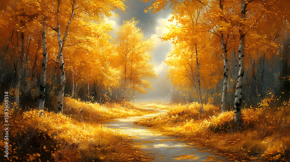 Fototapeta premium Golden Autumn Forest Path Sunlight Landscape