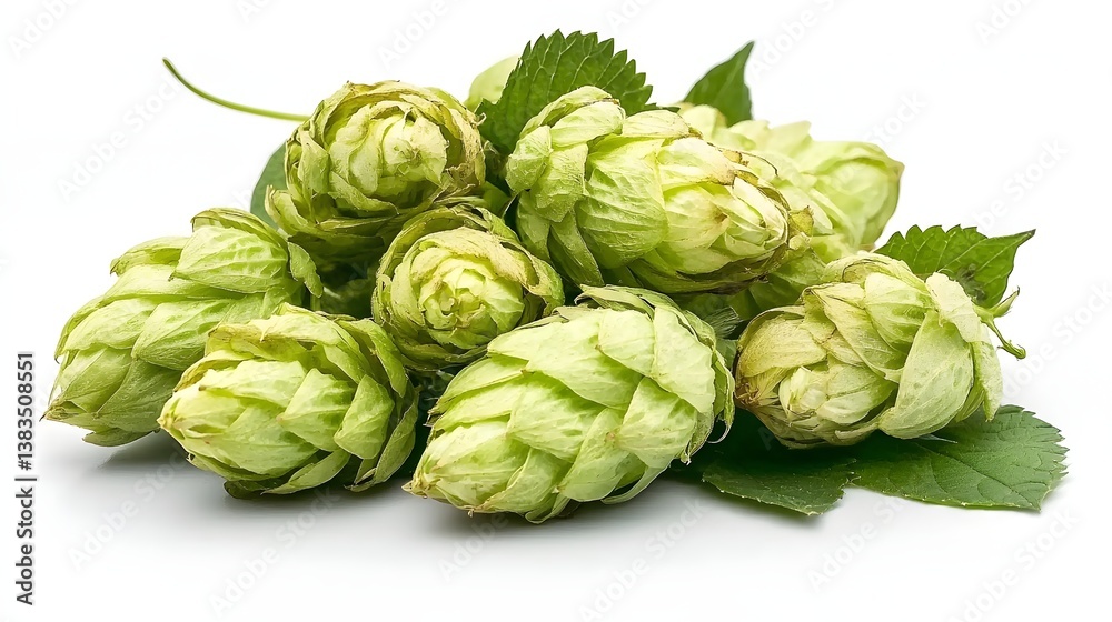 Fresh Green Hops With Leaves Isolated On White Background For Brewing And Culinary Use Fresh Green Hops With Leaves Isolated On White Background For Brewing And Culinary Use