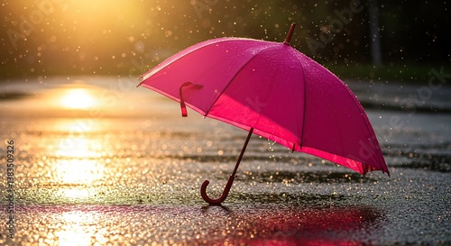 Pink umbrella standing in rain on a reflective wet surface  