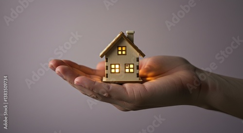 Hand holding a glowing mini house against a gray background  