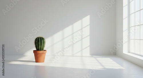 Cactus in a Pot Casts Shadows in a Minimalist Room  