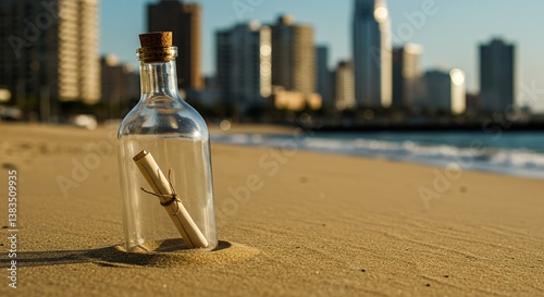 Message in a bottle resting on the beach against a city skyline  