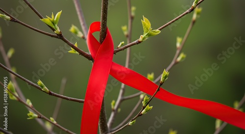 Red ribbon symbolizing hope tied to a tree branch in spring  