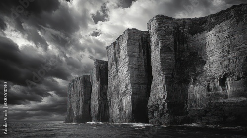 Dramatic coastal cliffs, stormy ocean, dramatic sky, travel photography