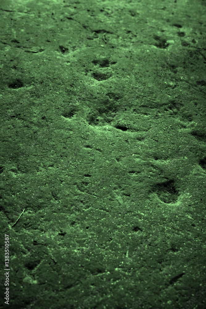 Authentic neon light green moss on fertile brown dark soil surface. Stylized depiction of abstract details texture background. Wallpaper template banner element fine art theme concept