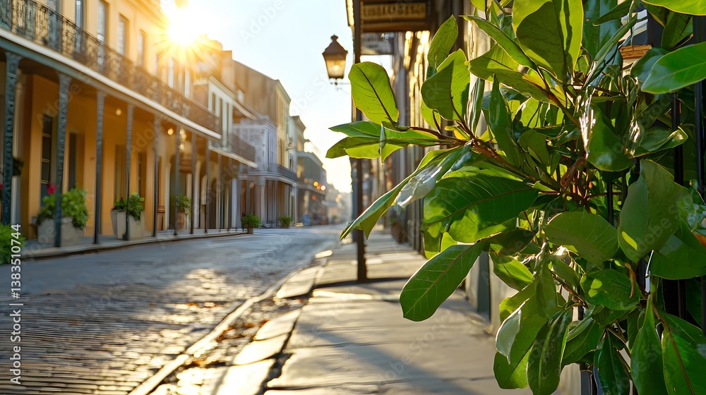 Quiet Morning Street in New Orleans with Sunlight Reflecting on Cobblestone and Lush Greenery