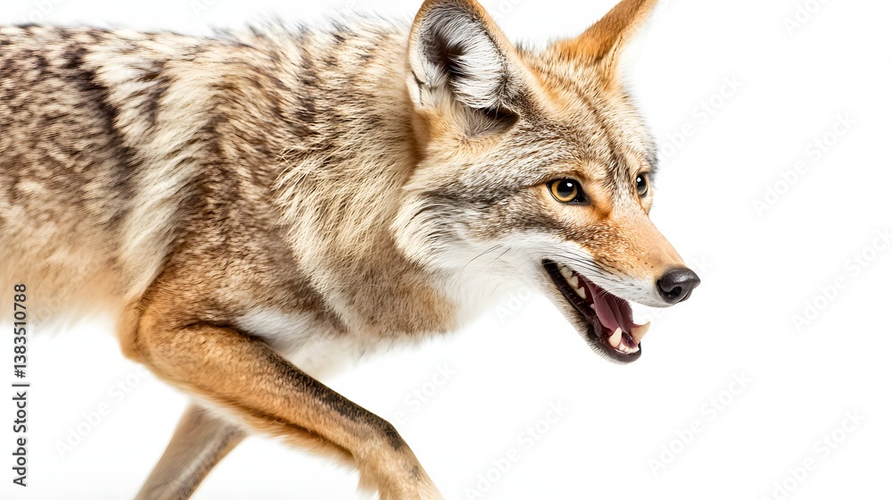 Coyote in Motion with Playful Expression Running Against a White Background Coyote in Motion with Playful Expression Running Against a White Background