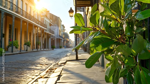 Obraz na płótnie Quiet Morning Street in New Orleans with Sunlight Reflecting on Cobblestone and Lush Greenery w salonie