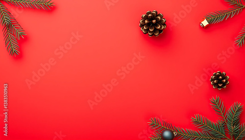 A minimalistic red background with pine cones, creating a festive yet refined composition, or minimalist Christmas cards