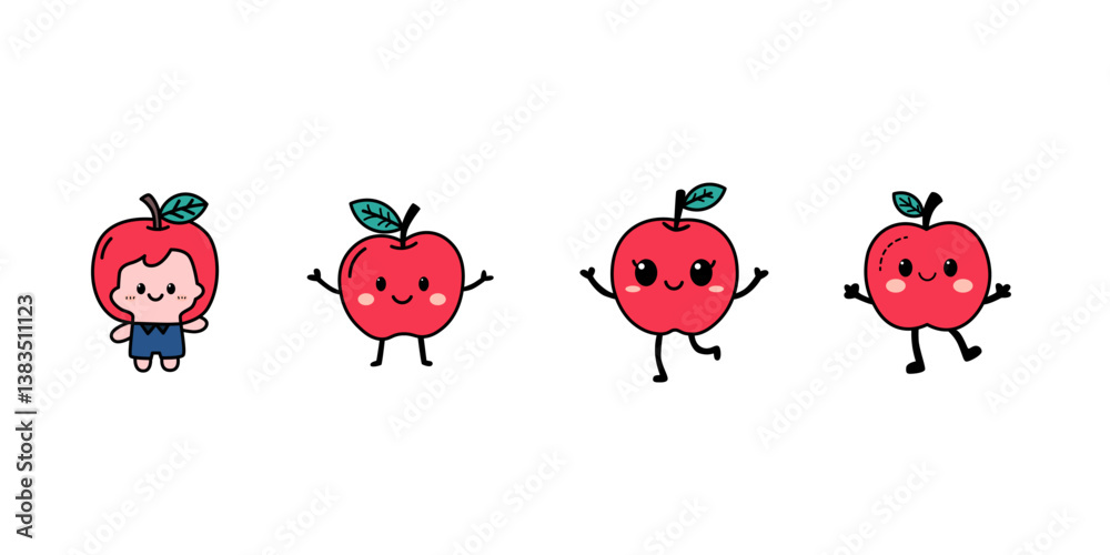Obraz premium vector illustration of hand drawn cute apple fruit cartoon character