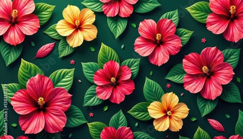 Vibrant hibiscus blooms, lush green leaves, tropical seamless pattern, plant, repeat pattern, graphic