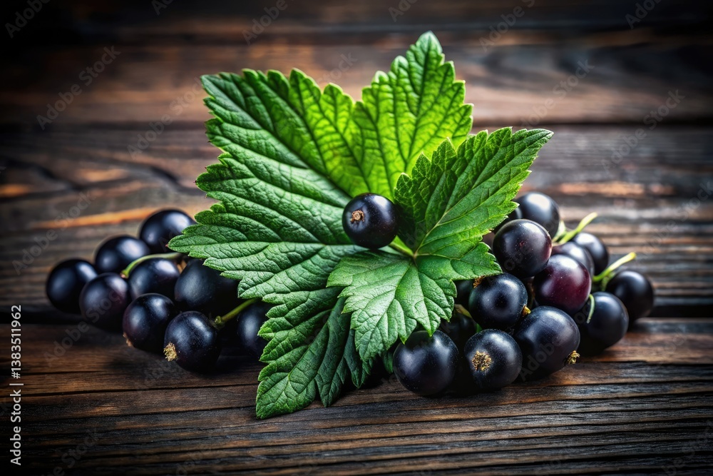 Intense blackcurrant macro: juicy berries nestled amongst vibrant green leaves against dark wood. Intense blackcurrant macro: juicy berries nestled amongst vibrant green leaves against dark wood.