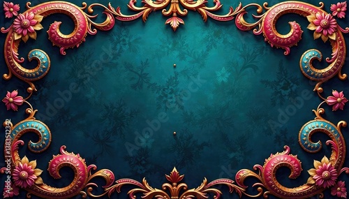 Symmetrical paisley scrolls, rich jewel tones, ornate detail, retro, repeat, brown