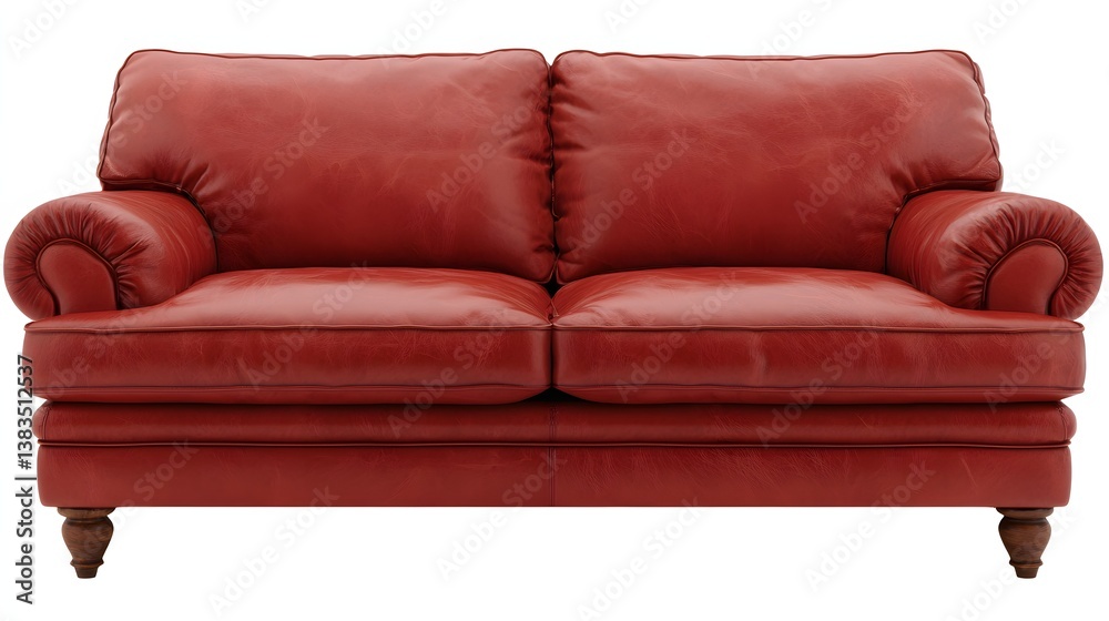 Elegant Red Plush Sofa with Curved Arms and Wooden Legs in a Bright Living Room Setting Elegant Red Plush Sofa with Curved Arms and Wooden Legs in a Bright Living Room Setting