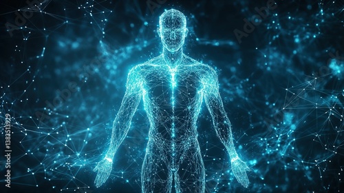 Digital wireframe visualization of human anatomy in gigapixel detail futuristic environment ai concept