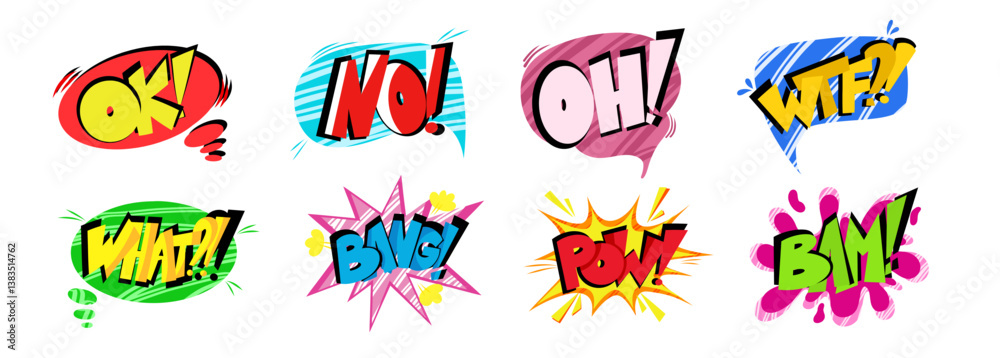 Obraz premium Pow comic speech bubbles set with the words -OK, NO, WTF, BAM and others. Pop art in the style of the 90s in bright colors. Vector Comic cartoon sound bubble speech.