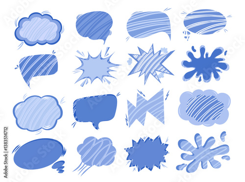 Set of comic speech bubbles without words in Pop art in the style of the 90s in blue colors. Vector Comic-cartoon sound bubble for stickers, postcards, decor
