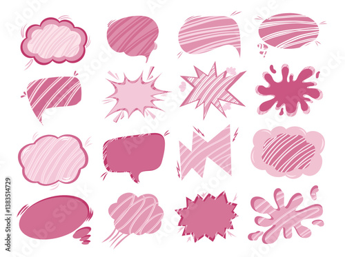 Set of comic speech bubbles without words in Pop art in the style of the 90s in pink colors. Vector Comic-cartoon sound bubble for stickers, postcards, decor