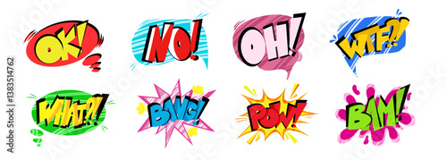 Pow comic speech bubbles set with the words -OK, NO, WTF, BAM and others. Pop art in the style of the 90s in bright colors. Vector Comic cartoon sound bubble speech.