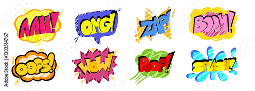 PrintPow comic speech bubbles set with the words - OMG, ZAP, OOPS, WOW and others. Pop art in the style of the 90s in bright colors. Vector Comic cartoon sound bubble speech.