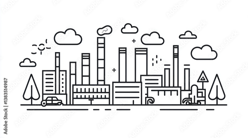Obraz premium Industrial city skyline line art illustration