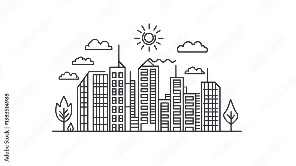 Naklejka premium Simple Line Drawing Cityscape with Sun and Clouds. Possible use Stock photo for presentations, illustrations, or websites related to urban planning, architecture, or design